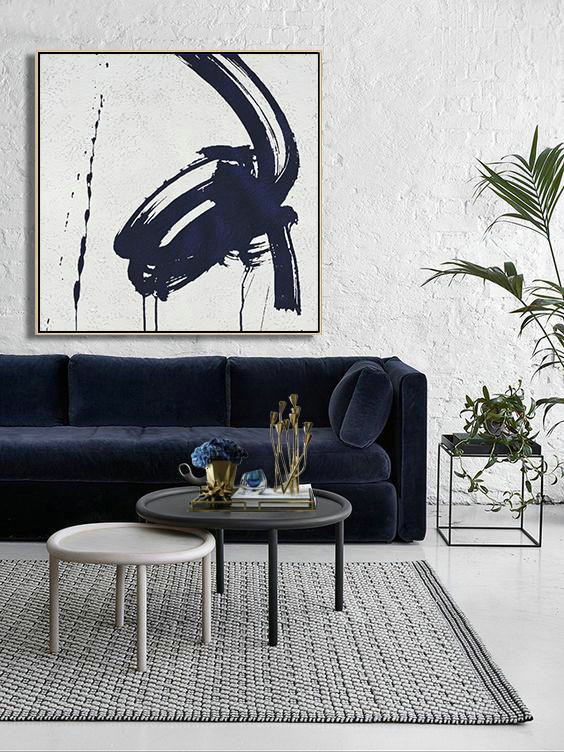 Hand Painted Extra Large Abstract Painting,Hand Painted Navy Minimalist Painting On Canvas,Family Wall Decor #J9G4